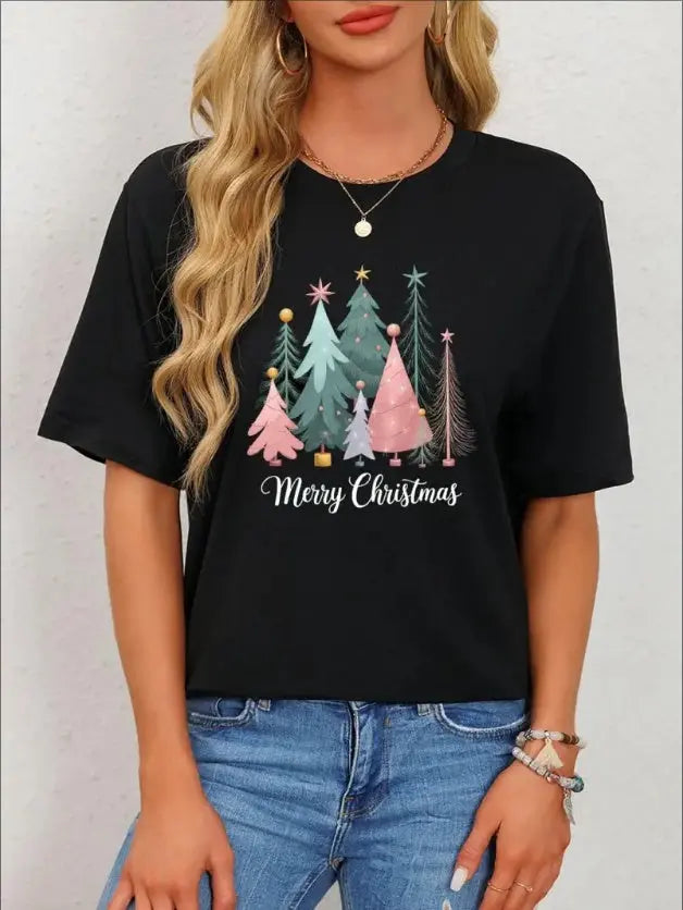 ITX WEARS | Women Christmas Festive Graphic Tee – Black with Pink & Green Trees ITX WEARS